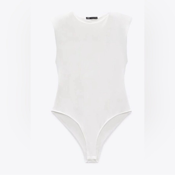 ZARA BodySuit White Sleeveless Shoulder Pads Round Neck Snap Button Small NWT - Picture 8 of 9
